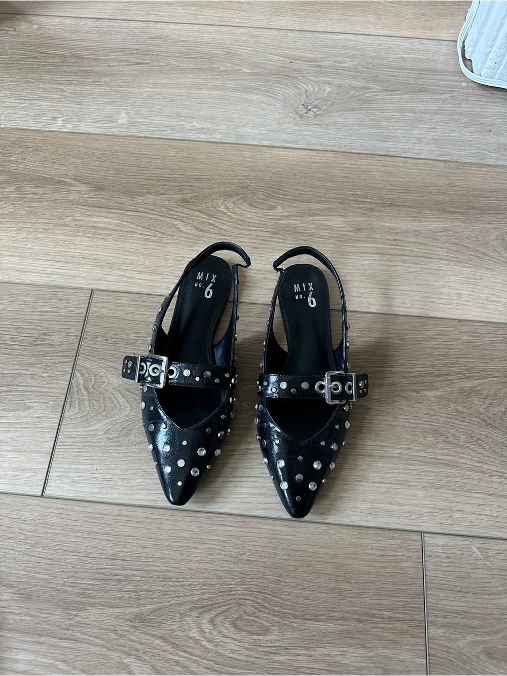 Mix No. 6 Black Studded Pointed Slingback Flats with Buckle